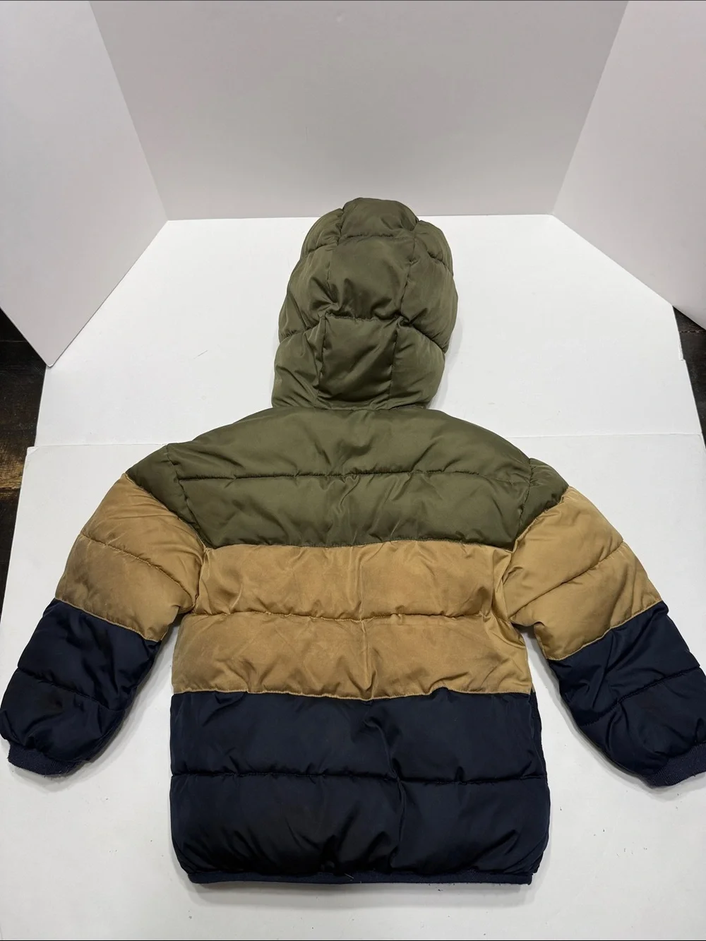 GAP Kids Hooded Colorblock Puffer Jacket - Olive, Tan, Navy
